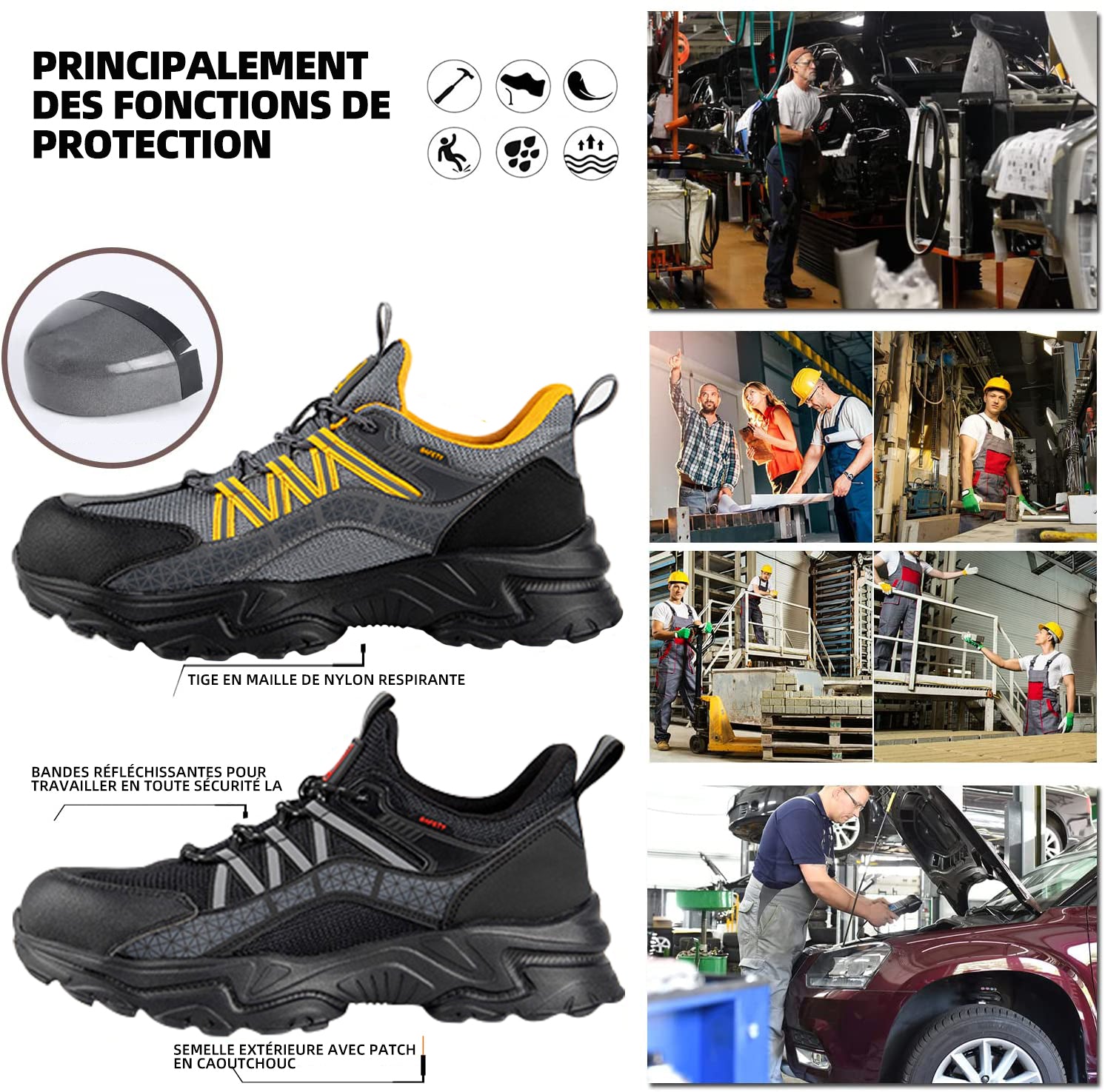 Chaussures de sécurité de travail résistantes aux chocs, respirantes et résistantes à l'abrasion de Fanmalls